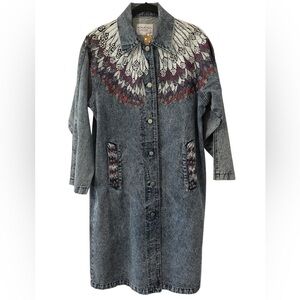Vintage SUNDAY Blue Acid Wash Denim Coat – Embroidered Feather Detail – Size S